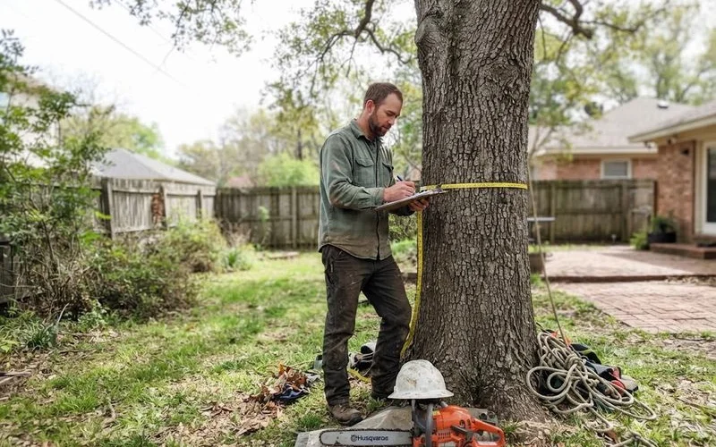 A homeowner and an arborist reviewing a large tree trunk to check permit requirements before removal