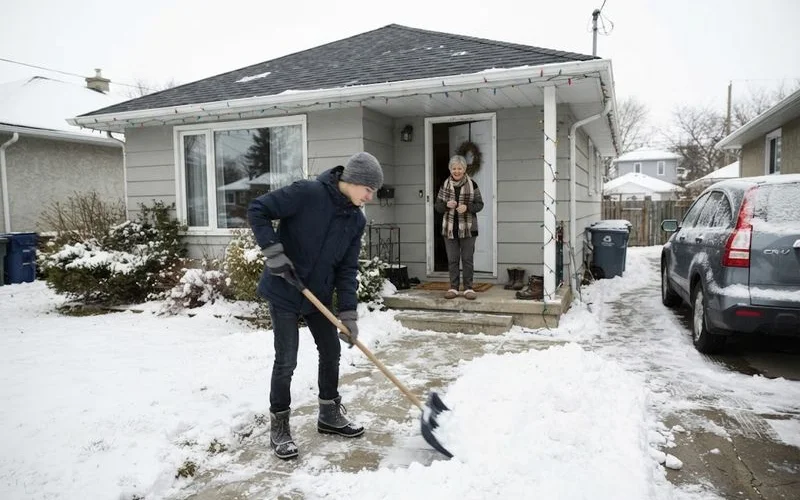 An elderly homeowner watching a volunteer clear snow from a driveway in an Ontario neighbourhood