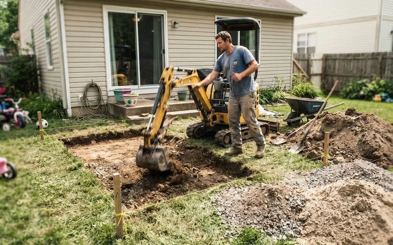 A hardscaping crew excavating and preparing a base for a new interlocking patio in Ontario