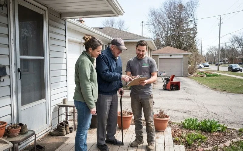 An adult child helping an elderly parent arrange snow removal service for their driveway