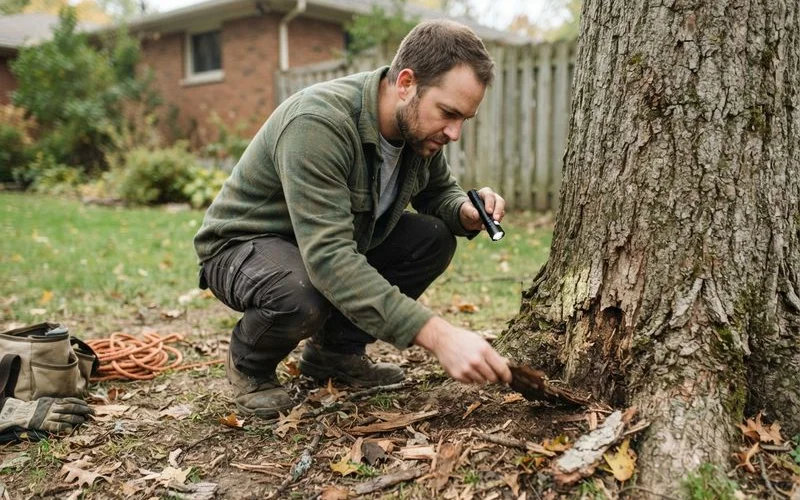 A homeowner examining dead branches and cracked bark on a large tree in an Ontario yard