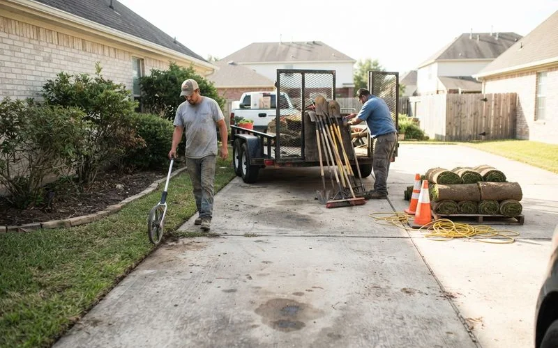 A landscaping crew working on a residential yard in Ontario with tools and materials laid out