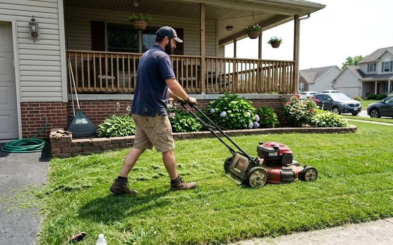 A landscaping crew member mowing a residential front lawn in Ontario on a sunny afternoon