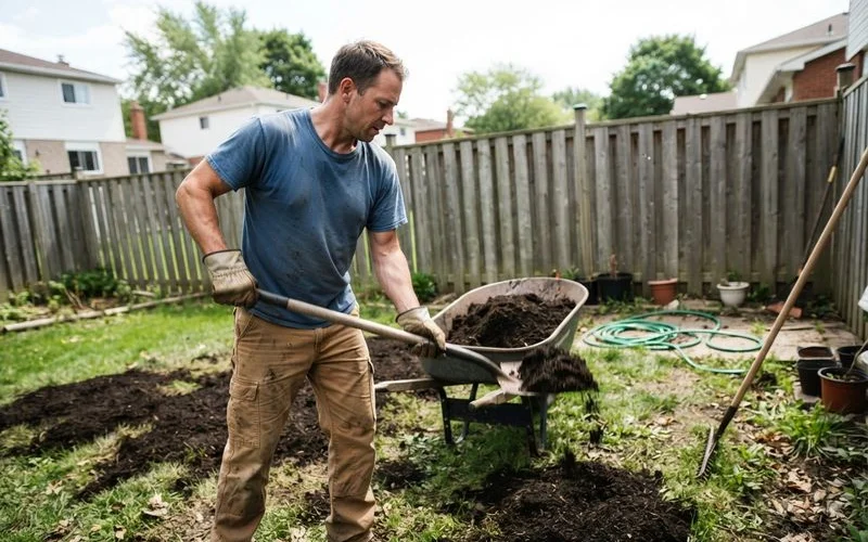 A homeowner and landscaper inspecting a healthy organic lawn with compost topdressing in Ontario