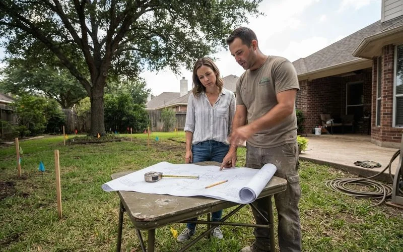 A landscape designer reviewing a garden layout sketch with a homeowner in a backyard