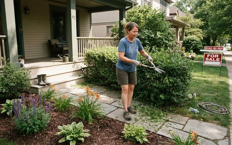 A well-maintained front yard with a mowed lawn and tidy garden beds before a home sale in Ontario