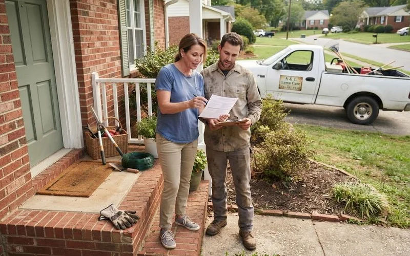 A landscaping business owner showing proof of insurance documents to a homeowner before starting a project